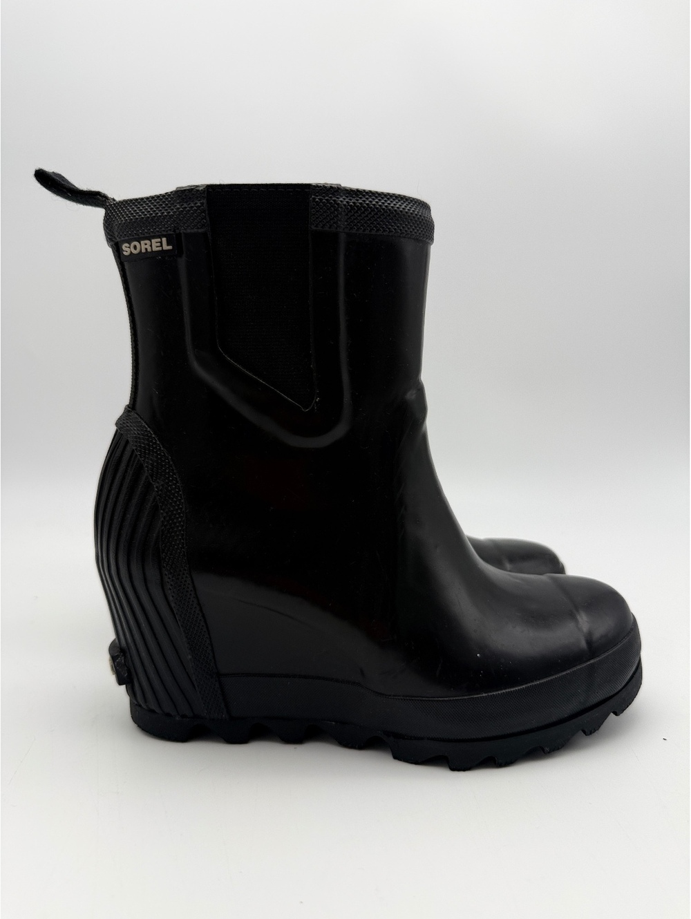 Sorel Joan Rain Wedge Chelsea Womens Waterproof Boots Black Gloss Size 6